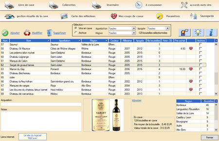 ecran principal du logiciel de cave